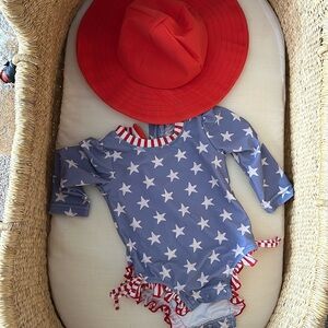 Caden Lane Blue Star One-Piece Swimsuit with Red Hat